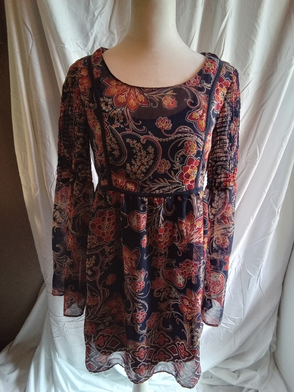Red Camel Navy Long-Sleeve Floral Boho Dress with Rust Accents XS